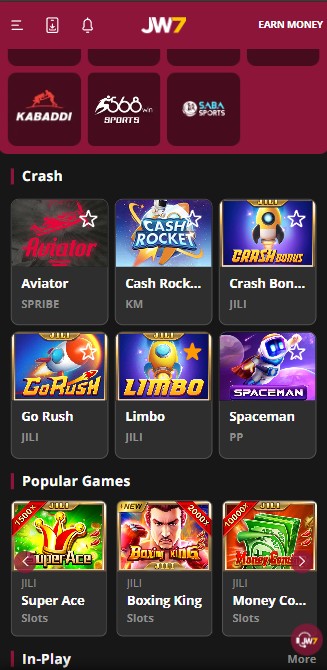 W7 app interface displaying crash games like Aviator, Cash Rocket, and popular slot games such as Super Ace and Boxing King.