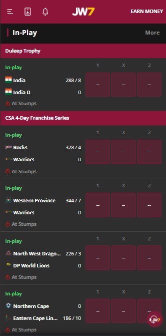 JW7 app interface showing in-play sports betting options for cricket matches and other live sports events.