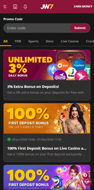 JW7 app interface showing unlimited 3% daily bonus and 100% first deposit bonus offers for live casino and slots.